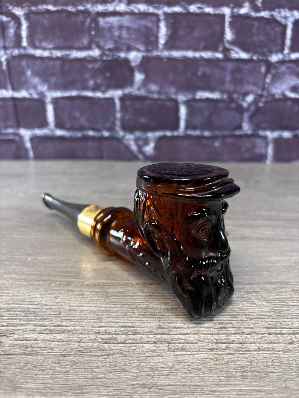 Vintage Amber Glass Decanter Pipe with Sculpted Bearded Face